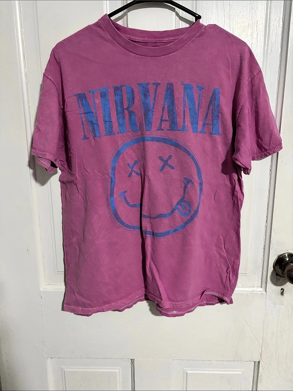 Nirvana Smiley Face Graphic T-Shirt Pink & Blue Large